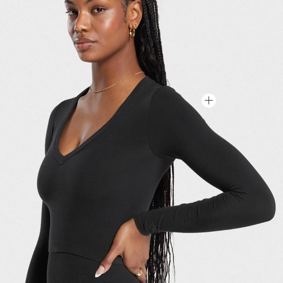 BNWT GYMSHARK COTTON SEAMLESS LONG SLEEVE MIDI TOP BLACK SZ XS 2024 R… - Picture 2 of 7
